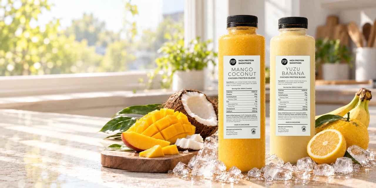 POP Smoothies Mango Coconut and Yuzu Banana bottles