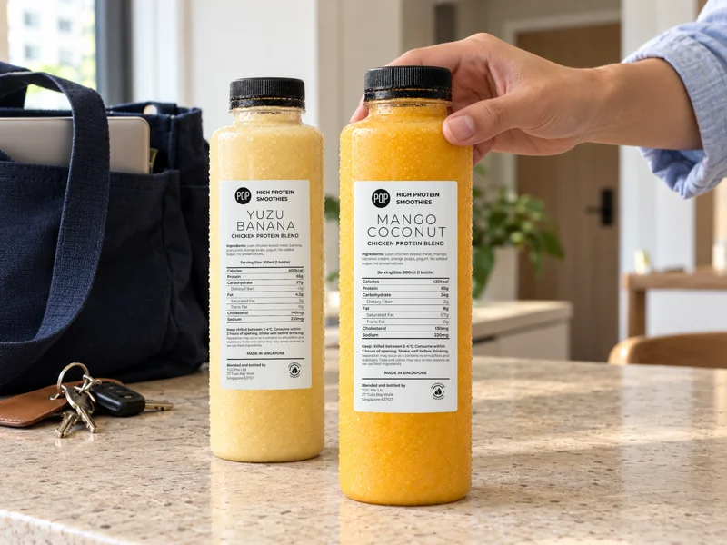 A hand reaching for a Mango Coconut POP Smoothies bottle beside a Yuzu Banana bottle, work bag and keys on a kitchen counter.